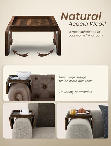 HOLANA 13.75" Acacia Couch Arm Tray with 360° Phone Holder, Walnut Color - Image 2