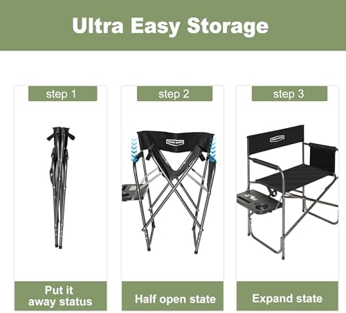 YOUNG WOOD Camping Directors Chair, Lightweight Oversized Portable Folding Chair with Side Table and Storage Pockets for Outdoor Camping, Lawn, Picnic and Fishing, Supports 400lbs (Black) - Image 6