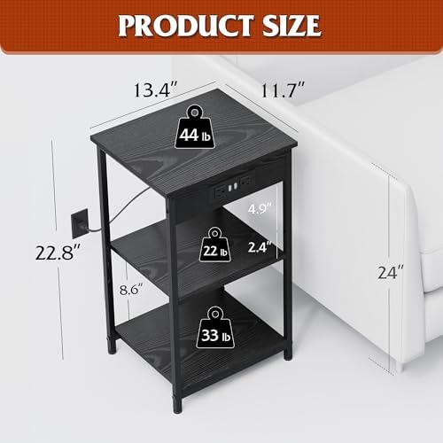 WLIVE Black End Table with Charging Station, Slim Night Stand with 3 Storage Shelves, Small Side Tables for Small Spaces, Bedside Tables for Living Room, Bedroom - Image 3
