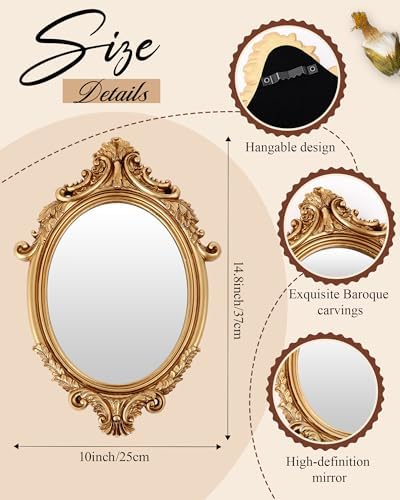 Wonderjune 3 Pcs Vintage Gold Mirror Set Wall Decorative, 8-15in Vintage Wall Mirror Hanging Antique Hanging with Stand for Living Room Home Wedding Decor(Court Baroque Style, 15in/11in/10in) - Image 3