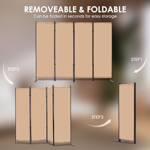 RANTILA 4 Panel Room Divider, 6 FT Folding Privacy Screen with Wide Feet, Freestanding Partition for Room Separation, Portable Room Divider Panel, 89" W x 71" H, Beige - Image 4