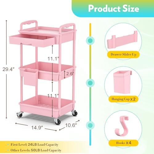 SUNALLY Makeup Cart Organizer with Drawer, 3 Tier Rolling Makeup Cart, Pink - Image 2