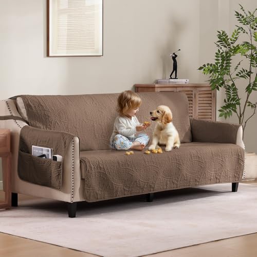 Quilted Raw Umber Sofa Slipcovers with Pockets, Anti-Slip Camel Couch Covers for Sofa, Couch Cover for Dogs Cats Water-Repellent Machine Washable (Large Sofa 68", Raw Umber) by Pamhaven