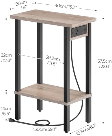 HOOBRO Narrow Side Tables, Set of 2, 2-Tier Slim End Tables with Charging Station, Skinny Nightstands with Open Storage, for Small Spaces, Living Room, Bedroom, Study,Greige and Black BG240UBZP201 - Image 3