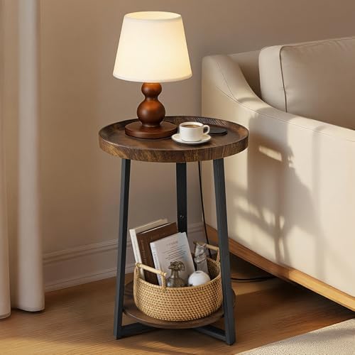VEVOR Round Side Table with Charging Station, 15.7" Metal Round End Table with Storage Shelves, 4.9ft Power Cord, Modern Nightstand for Bedroom, Living Room, Office – Brown - Image 2