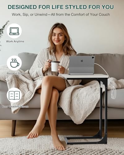 C-Shaped Side Table for Couch - Small Coffee Stand Sofa Tray Desk with Metal Frame Waterproof Scratch Resistant Wood Top and Built-in Charging Station, Greige - Image 4