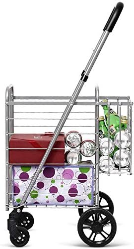 ARLIME Folding Shopping Cart, Double Basket Supermarket Cart with Adjustable Wide Cushion Handle Bar and Swivel Wheels, Suitable for Grocery Book Luggage Travel Laundry, Large Utility Carts (Silver) by ArlimeDirect