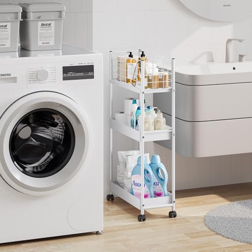 KINGRACK Slim Rolling Storage Cart 3 Tier - Heavy Duty Metal Utility Cart with Raised Edge & Wheels, Narrow Small Mobile Organizer Shelves for Bathroom, Kitchen, Laundry, Office, Living Room, White - Image 5