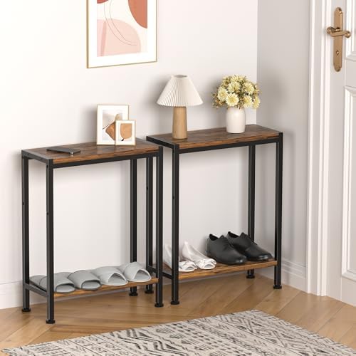 Narrow Side Table for Small Space, 2-Tier Slim End Table, Thin Nightstand, Skinny Snack Couch Table, Sofa Bedside Table in Living Room, Bedroom, Study, Kitchen and Balcony (Rustic Brown) - Image 6
