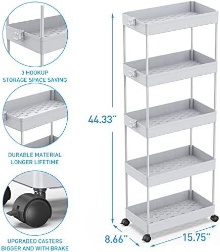 SPACEKEEPER 5 Tier Storage Rolling Cart, Bathroom Cart with Wheels, Gray - Image 3