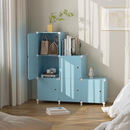6Cube Storage Organizer Modular Stackable with Doors Blue - Image 6