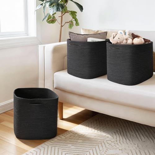 11x11x11 Cube Storage Bin - 3 Pack Woven Storage Cubes Organizer, 11 Inch Black Cotton Rope Baskets for Organizing, Square Baskets for Shelves, Nursery Closet Bins, Cubby Toy Box Organizer - Image 7