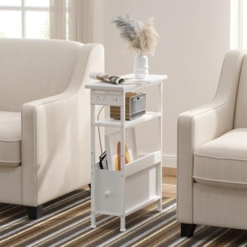 Narrow White Side Table with Charging Station and LED Light, End Table - Image 2