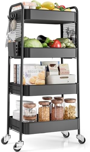 TOOLF 4 Tier Rolling Cart, Metal Utility Storage Cart with Pegboard, Black | 2 Bins & 4 Hooks, Screwless Assembly, Lockable Wheels, Trolley Organizer for Bathroom, Kitchen, Office, Dorm, Craft Room by TOOLF