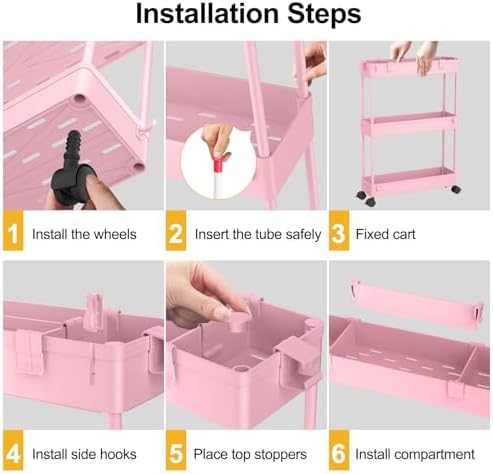 SPACELEAD Slim Storage Cart 3 Tier,Bathroom Organizer Rolling Utility,Mobile Shelving Unit Slide Out for Office, Kitchen, Laundry Room & Narrow Places,Pink - Image 2