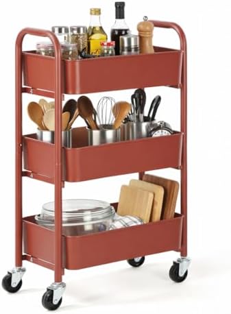 SunnyPoint 3-Tier Delicate Compact Rolling Metal Storage Organizer - Mobile Utility Cart Kitchen/Under Desk Cart with Caster Wheels (RED, 15.35" X 10.24" X 26.8"H) by SunnyPoint