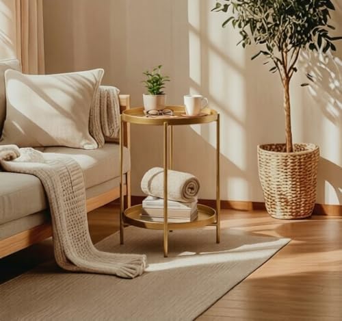 TeoKJ 2 Tier Gold Side Table, Folding Round Metal End Table Small Nightstand with Two Removable Tray for Bedroom Living Room Small Spaces Bedside Gold - Image 6