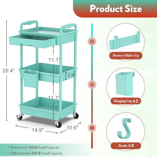 SUNALLY Makeup Cart Organizer with Drawer, 3 Tier Rolling Makeup Cart, Blue - Image 2