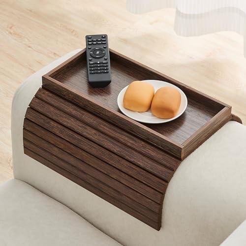 GEHE Bamboo Sofa Arm Tray, Foldable Couch Arm Tray Side Table, Anti-Falling Armrest Tables Cup Holder for Snacks, Drinks, Beers, Phone, Control, Flexible and Portable, Anti-Slip Bottom by GEHE