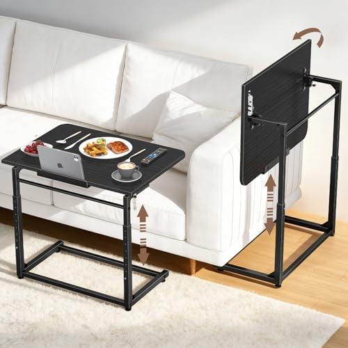 Extra Large TV Tray Table Set of 2, Heavy Duty C-Shaped Laptop Desk with 8-Level Height & 90° Tilt, Folding Overbed End Table for Couch and Bed, Black Finish with Phone/Tablet Slot for Small Spaces by Dataroad+Selead