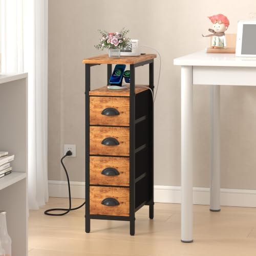 sthmec Side Table with Charging Station, Narrow End Table with 4 Drawers, Small Nightstands with Fabric Drawers,Slim Sofa Couch Side Tables for Small Spaces,Living Room,Bedroom,Rustics Brown - Image 6