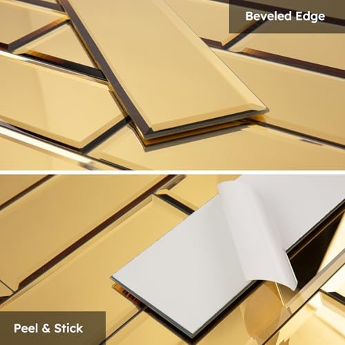 Diflart Peel and Stick Mirror Backsplash, Gold, 4x12 Inch, Beveled Mirror Subway Kitchen Bar Wall Tile (5 Sq.ft, 15 Pcs) - Image 4