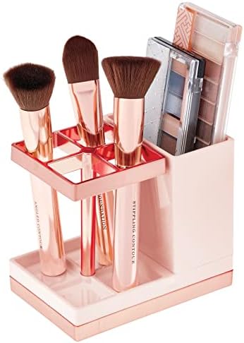 mDesign Plastic Toothbrush and Toothpaste Storage Organizer Holder - Home Decor for Bathroom Countertop - Holds Toiletries and Beauty Accessories - Lumiere Collection, Light Pink/Rose Gold - Image 2