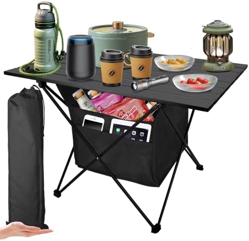 Foldable Camping Side Table, Ultralight Small Beach Table Aluminum, Portable Outdoor Table with Carry Bag and Storage for Picnic, Grill, Hiking, Fishing, Sand, Camping Essentials(L) by Audoyon
