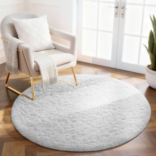 Ophanie Round Rug 4Ft White Circle Area Rug, Aesthetic Room Decor, Fluffy Fuzzy Bedroom Carpet, Plush Soft Shaggy Living Room Rugs for Kids Home, Nursery with 99 pcs Pile fibers by Ophanie