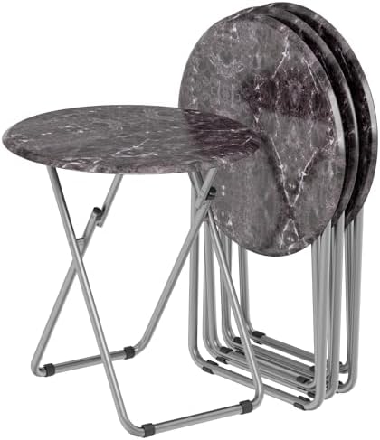 Folding Round TV Tray Table Set of 4, TV Dinner Table with Sturdy MDF Top, Eating Trays for Living Room with No Assembly Required, 17.5 x 17.5 x 26 in (Black Marble, 4Pcs) by Fleecy+day