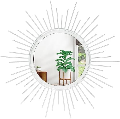 Sunburst Spoked White Large Wall Mirror Boho Home Circle Art Mirror Modern Metal Mirror for Wall Decorative Bathroom Bedroom Vanity Hallway Balcony Living room Entryway 20" by HLFMVWE