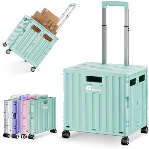 Folding Utility Cart with Lid, Portable Rolling Crate Handcart Collapsible Shopping Trolley, Durable Plastic Foldable Tool Basket with 4 Rotate Wheels for Grocery, Office, Luggage, School - Cyan by Dkenicor