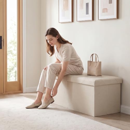 OLIXIS 30 Inch Folding Storage Ottoman Bench, Beige Ottoman with Storage - Image 2