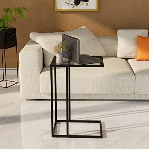 C Shaped End Table Set of 2, Sofa Couch Side Table, Tempered Glass Snack TV Tray Table with Metal Frame for Small Space,Living Room, Bedroom, Bedside,Modern Style, Black,2PCS - Image 7
