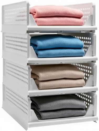 Goderewild Stackable Foldable Storage Baskets, Folding Storage Bins, Closet Organizers and Plastic Drawer Shelf Storage Container for Wardrobe, Cupboard, Kitchen, Bathroom, Office (White, 4S) by Goderewild