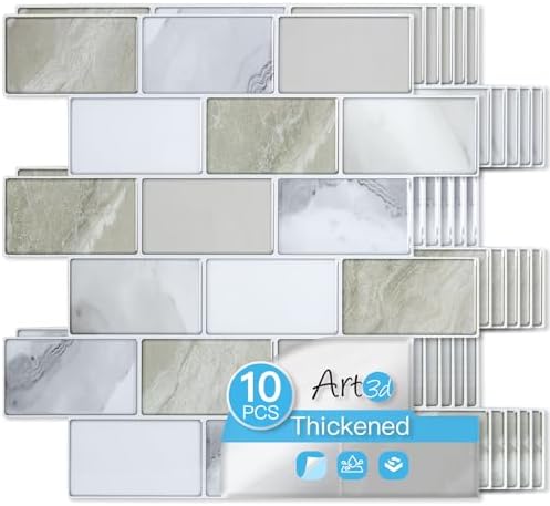 Art3d 10-Pack Subway Peel and Stick Backsplash, Beige & White, 12 x 12 Inch by Art3d