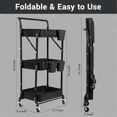 Amatic 3 Tier Foldable Rolling Cart with Wheels, Folding Utility Cart Organizer, Collapsible Rolling Storage Cart with 3 Hanging Cups & 6 Hooks for Kitchen, Office, Nursery(Black) - Image 6