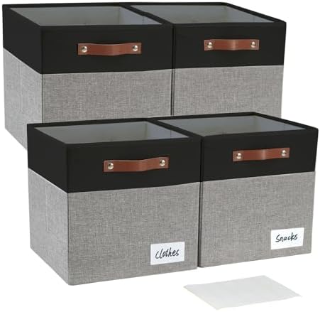 Bagnizer Collapsible Fabric Storage Cube Bins with 2 Reinforced PU Handles, Foldable Storage Organizer Baskets for Closet, Shelves, Living Room | 11"x11"x11", 4 Pack, Black & Gray by Bagnizer