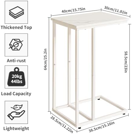 Aibiju C Shaped End Table, Small Side Table for Sofa and Bed, White Bedside Table, Laptop Desk for Couch 16x12x25 inch Faux Marble+White YD-TM051W - Image 3