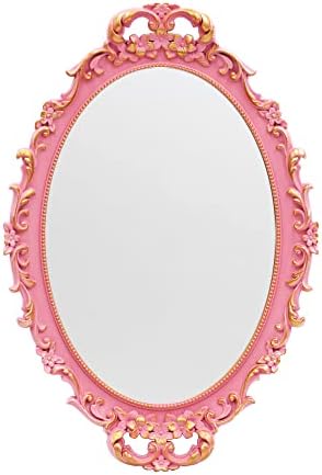 Tstarer Vintage Decorative Pink Framed Mirror, Wall Hanging Mirrors & Tabletop Tray for Bedroom Living Room Dresser Decor, Oval- 9.6" W x 14.3" L (Pink) by Tstarer