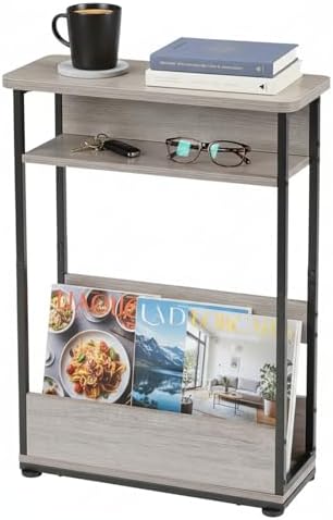 Narrow Side Table,3-Tier Slim End Table with Storage Shelf,Modern Sofa Table Thin Side Table for Narrow and Small Spaces, Skinny Bedside Table Small Nightstand with Magazine Rack Space Saving/Oak by YEAKOO