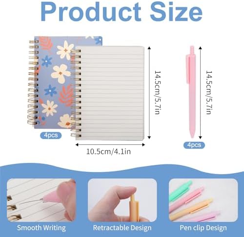 4pack A6 Spiral Notebooks with 4pcs Pens, 5.7x4.1 Inch Small College Ruled Notepads, 80 Sheets Mini Floral Journals Diary Memo Planner for Women Gift Office School Supplies (160 Pages) - Image 2