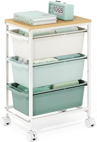 KINGBOARD Slim Rolling Cart with 3 Drawers, Metal Utility Storage Cart | Wooden Tabletop, Lockable Wheels, Under Desk Trolley for Bedroom, Children's Room and Office Organization, Green by KINGBOARD