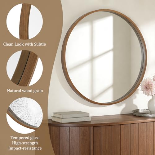 WallBeyond Round Wood Mirror, 36" Round Modern Decoration Large Circle Wall Mirror for Bathroom Living Room Bedroom Entryway, Walnut - Image 5