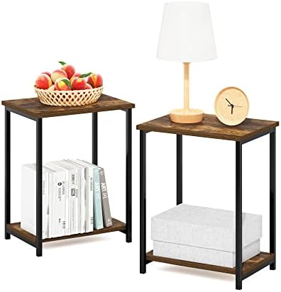 Furinno Simplistic 2-Tier Metal Frame Side Table, Set of 2, Amber Pine by Furinno-FitsYourSpaceFitsYourBudget