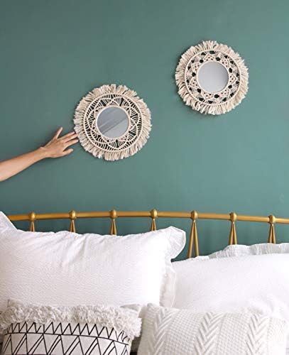 Mkono Hanging Wall Mirror with Macrame Fringe 2 Set Small Round Decoration Boho Antique Mirror for Apartment LivingRoom Bedroom Baby Nursery,Beautiful Gift Ideas - Image 3
