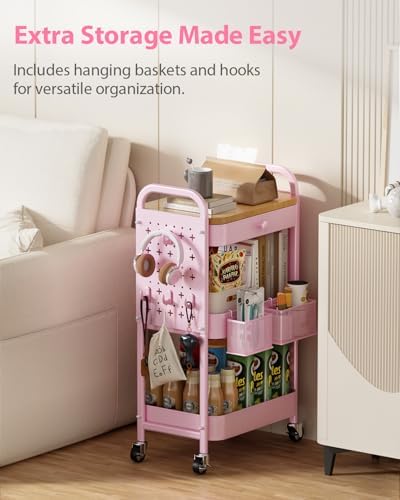 ALVOROG 3 Tier Metal Rolling Cart with Drawer,Wood Top,Pegboards,Pink - Image 3