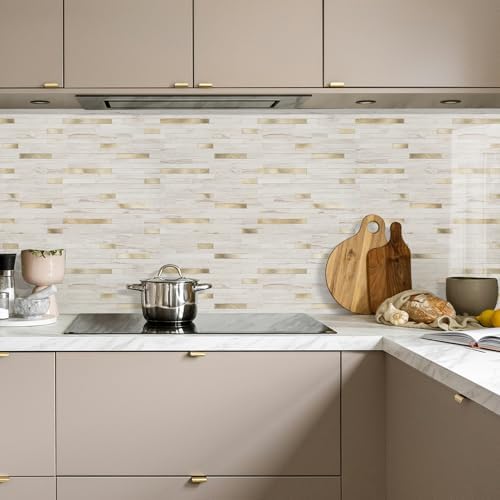 STICKGOO 2 Sheets Peel and Stick Backsplash Tile, Stick on Backsplash for Kitchen and Bathroom, Glossy Eurasian Wood Grain PVC Mixed Metal Gold Self Adhesive Wall Tiles - Image 2