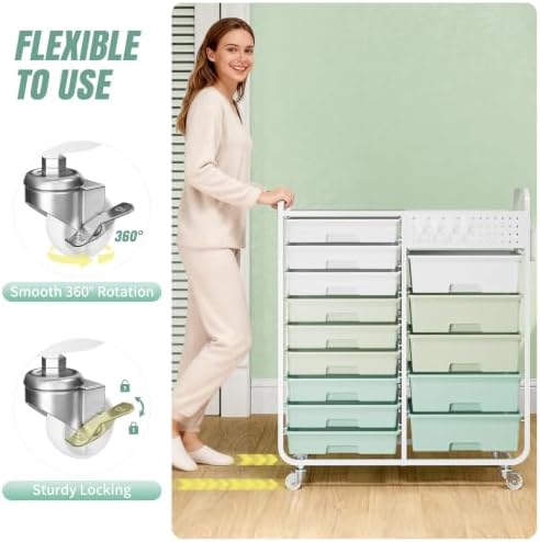 14 Drawer Rolling Storage Cart with Tabletop and Pegboard for Crafts Green - Image 6