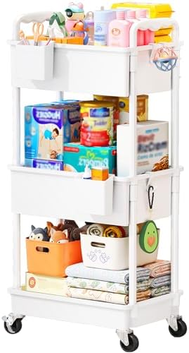 SUNALLY Baby Diaper Caddy Cart,3 Tier Rolling Diaper Cart for Nursery,White by SUNALLY